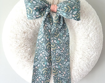 Spring blue green floral FABRIC bow, Mother's Day, Easter, Home decor, nursery decor accent