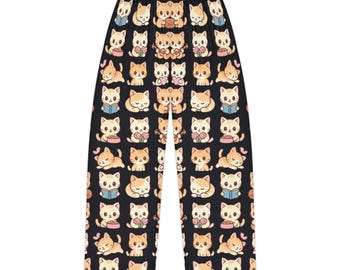 Kawaii Cat Activity Pajama Pants, Cute Chibi Cat Lounge Pants, Cat Lover Gift, Colorful Kitten PJ Pants on Black for Women