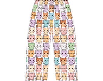 Pastell Kawaii Katze Gesichter Pyjama Hose | Süße All-Over Print Lounge Hose