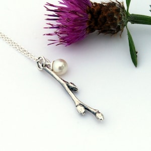 Blueberry twig pendant - branch pendant - silver branch pendant - branch and pearl - silver twig