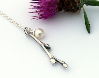 Blueberry twig pendant - branch pendant - silver branch pendant - branch and pearl - silver twig