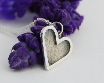 Heart pendant - sterling heart pendant - leaf printed heart - heart necklace - silver heart pendant