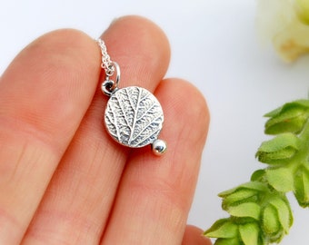 Circle leaf dot pendant sterling silver botanical necklace