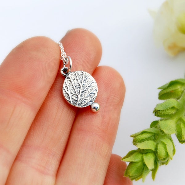 Circle leaf dot pendant sterling silver botanical necklace