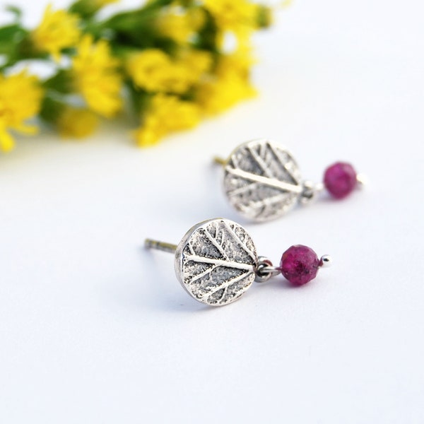 Silver leaf studs. leaf earrings. silver bead earrings. botanical studs. botanical studs. leaf texture earrings.
