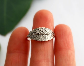 May include: A silver ring with a leaf design. The leaf is detailed with veins and has a textured surface.