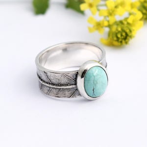 Bande feuille turquoise - bague feuille d&#39;argent - bague turquoise - bande en argent sterling - bande en argent sterling - bague turquoise - bague nature