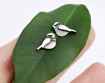 Chickadee earrings - chickadee studs - sterling silver chickadee - chickadee jewelry, silver chickadee - bird earrings