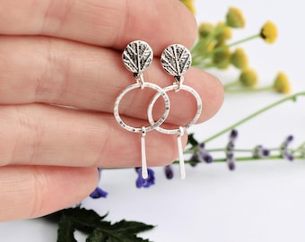 Silver leaf earrings - leaf earrings - silver hoops earrings - botanical earrings - dangling earrings - silver earrings