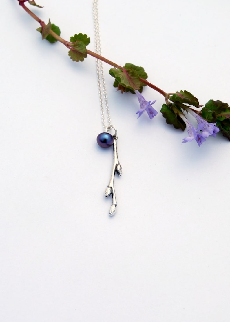 Blueberry twig pendant branch pendant silver branch pendant branch and pearl silver twig image 5