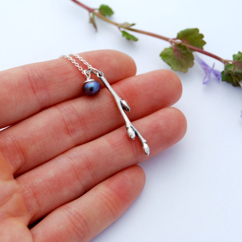 Blueberry twig pendant branch pendant silver branch pendant branch and pearl silver twig image 3