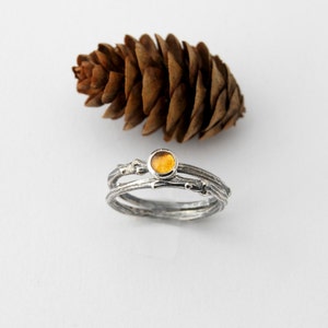 Twig and citrine stack ring set - sterling silver willow branch ring