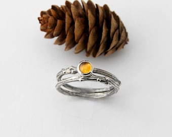 Twig and citrine stack ring set - sterling silver willow branch ring