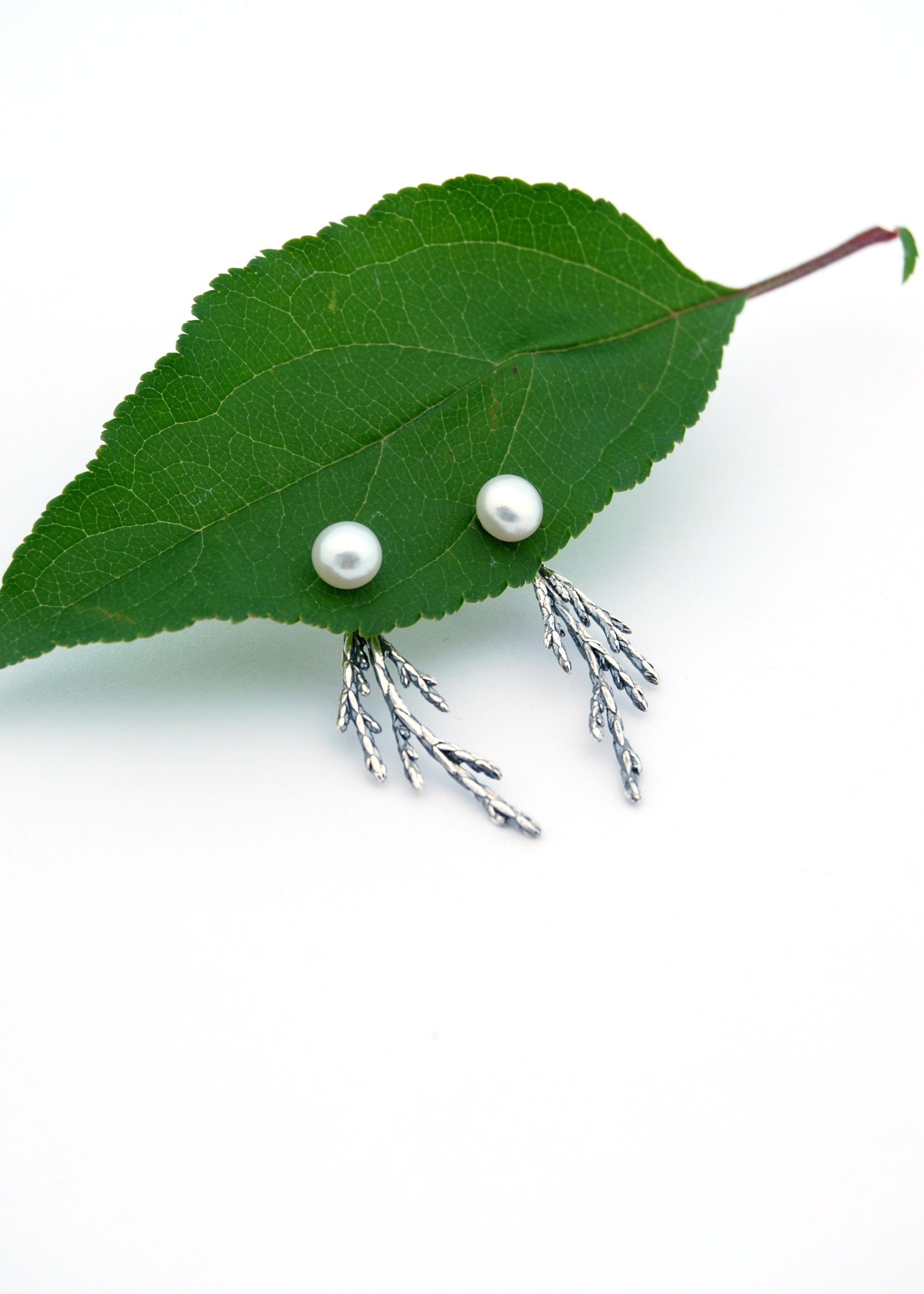Juniper ear jackets - juniper jewelry - white pearl ear jackets - juniper branch earrings - juniper earrings - silver ear jackets