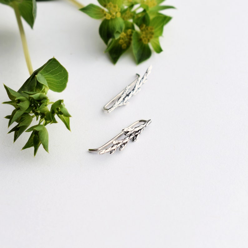 Puede incluir: Un par de pendientes de plata en forma de ramas delicadas con hojas. Los pendientes est&aacute;n dise&ntilde;ados para ser usados en la parte superior de la oreja.