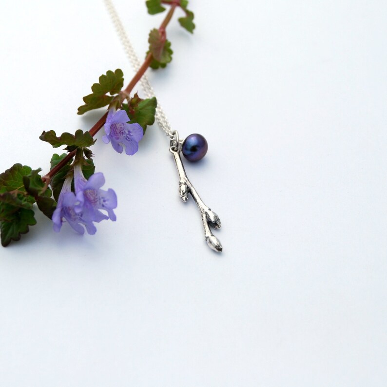Blueberry twig pendant branch pendant silver branch pendant branch and pearl silver twig image 2