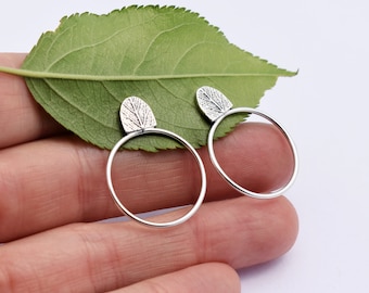 Leafy hoops - silver hoops - botanical hoops - leaf earrings