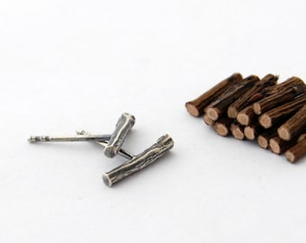 Bar stud earrings - sterling silver twig post earrings log studs