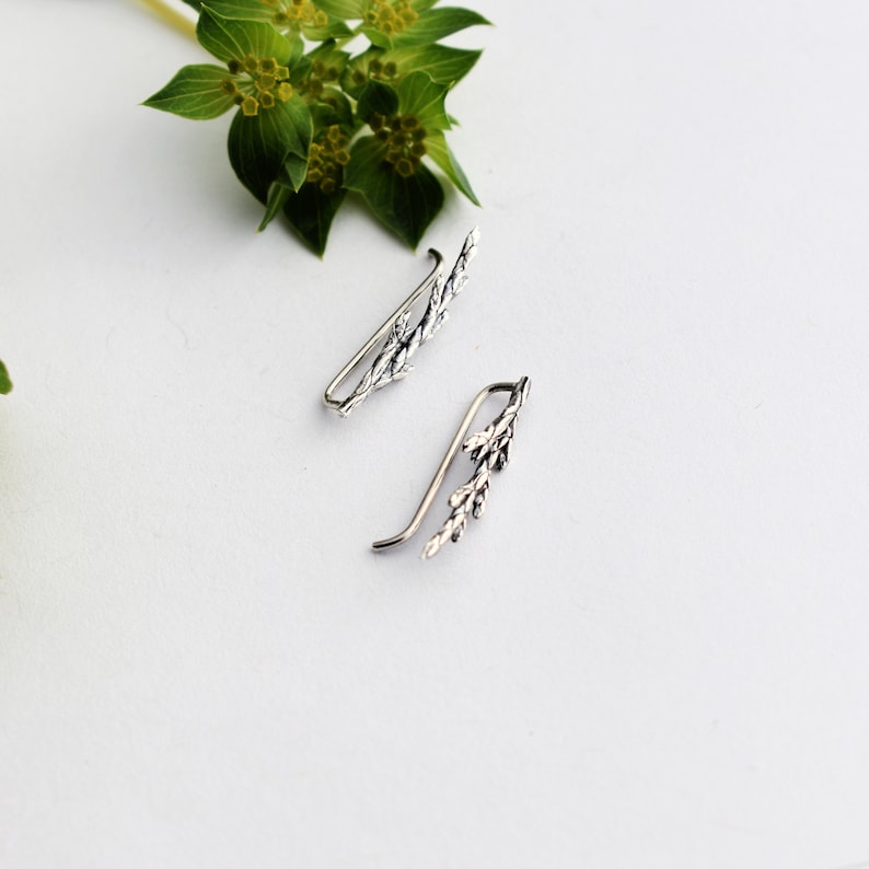 Puede incluir: Un par de pendientes de plata con un delicado dise&ntilde;o de hojas. Los pendientes est&aacute;n hechos de metal y tienen un aspecto simple y elegante.