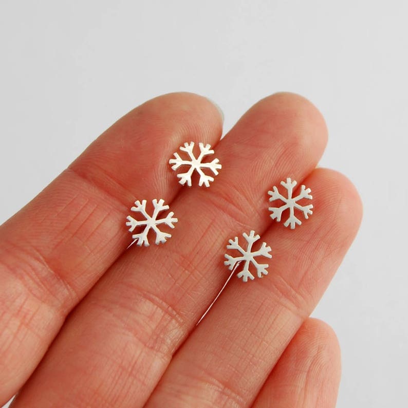 Tiny snowflakes studs earrings sterling silver mini snow stud image 4