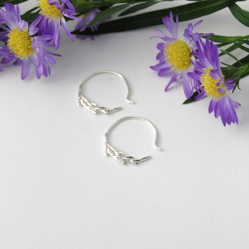 Juniper hoops silver juniper hoops branch hoops botanical hoops Juniper earrings Juniper jewelry image 8