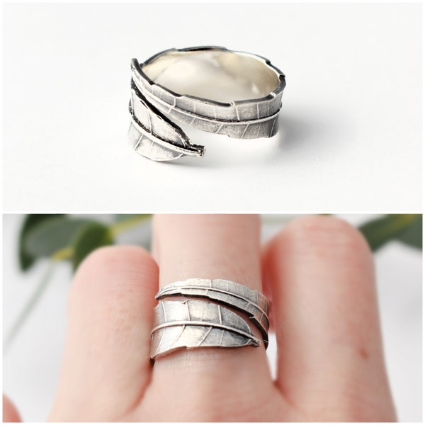 Bague feuille d'argent - Bague wrap en argent - Bague wrap feuille - Bague botanique en argent - Bague feuille - Bijoux botaniques