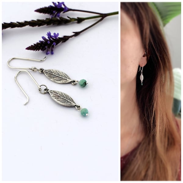 Dangling leaf earrings - Beaded botanical earrings - Leaf earrings - Leaf gemstone earrings - Botanical earrings - Drop leaf earrings