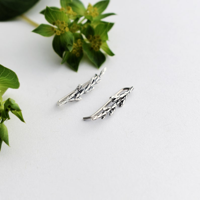 Puede incluir: Un par de pendientes de plata en forma de ramas delicadas con peque&ntilde;as hojas. Los pendientes est&aacute;n dise&ntilde;ados para ser usados en la parte superior de la oreja.