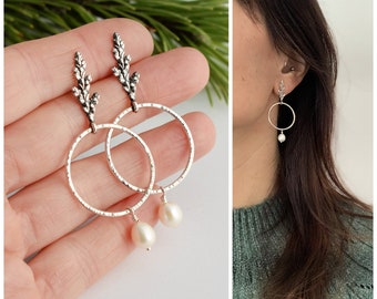 Tuya and pearls earrings - cedar earrings - hoops earrings - pearl earrings - thuya earrings - silver cedar earrings
