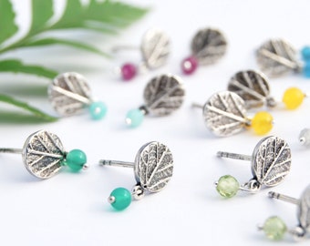 Silver leaf studs. leaf earrings. silver bead earrings. botanical studs. botanical studs. leaf texture earrings.