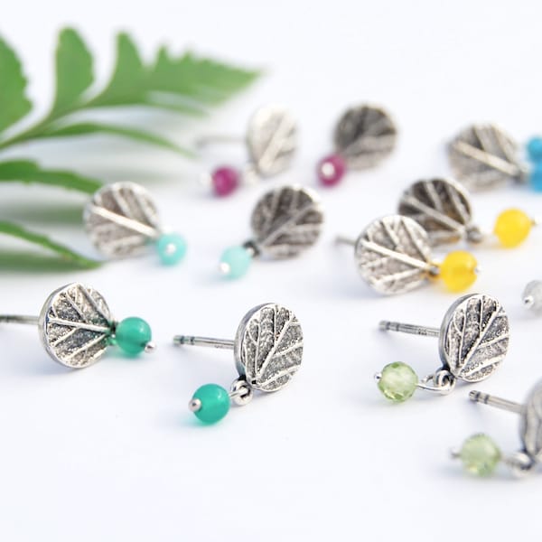 Silver leaf studs. leaf earrings. silver bead earrings. botanical studs. botanical studs. leaf texture earrings.