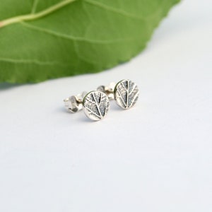 Puede incluir: Un par de pendientes de bot&oacute;n de plata con un dise&ntilde;o de &aacute;rbol. Los pendientes son redondos y tienen una superficie texturizada.