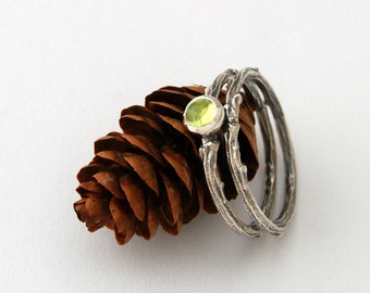 Twig and peridot stack ring set - sterling silver willow branch ring