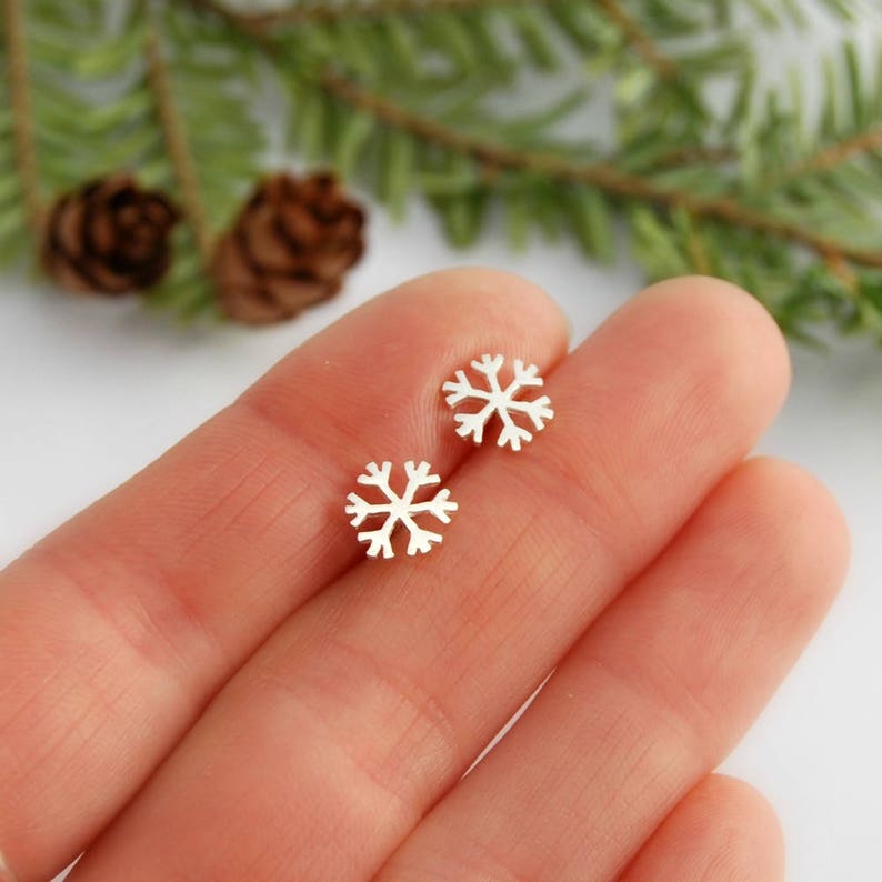 Tiny snowflakes studs earrings sterling silver mini snow stud image 1