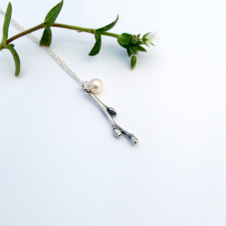 Blueberry twig pendant branch pendant silver branch pendant branch and pearl silver twig image 4