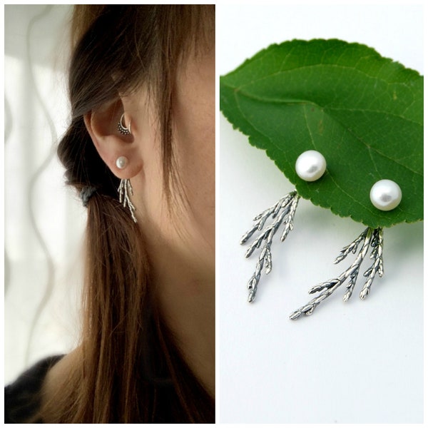 Juniper ear jackets - juniper jewelry - white pearl ear jackets - juniper branch earrings - juniper earrings