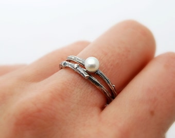 Twig and pearl stack ring set - sterling silver willow branch ring