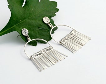 Leaf dot and large silver fringe sterling silver earrings