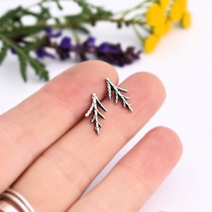 May include: A pair of silver earrings shaped like small pine branches. The earrings are delicate and minimalist, perfect for everyday wear.