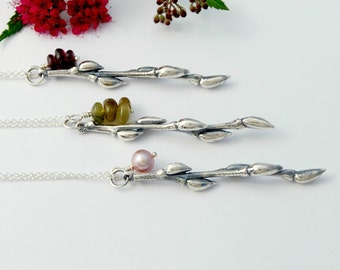 Twig necklace - sterling silver cast willow branch necklace with garnet