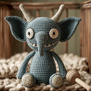 May include: A handmade crochet doll in the shape of a blue elephant-like creature with large ears, horns, and big eyes. The doll has a trunk, a smiling mouth, and is sitting on a cream-colored blanket. A wooden rattle is next to the doll.