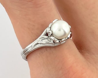 Nature Inspired White Pearl Engagement Ring Leaf Wedding Ring in 14k White Gold