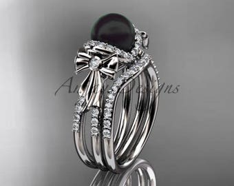 Pearl Engagement Ring Simple elegant Wedding Rings for women Black Pearl Bridal Set Platinum Diamond bow Engagement Ring ABP155S