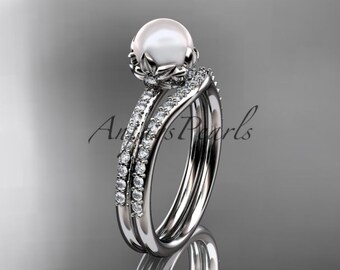 Pearl Bridal Set Pearl Engagement Ring Platinum Diamond Pearl unique Engagement Ring Set AP92