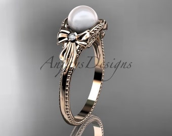 14K Solid Gold Ring Pearl Engagement Ring Pearl Wedding Ring Anniversary Ring