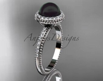 Pearl Engagement Ring Black Pearl antique Engagement Rings 14kt White Gold Diamond halo Engagement Ring ABP95