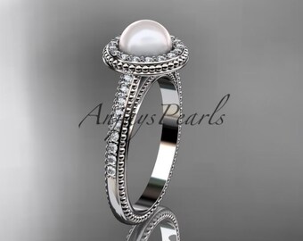 Pearl Engagement Ring Diamond Halo Wedding Ring White Gold Unique White Cultured Pearl Ring