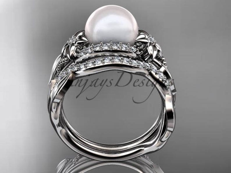 Pearl Bridal Set Pearl Engagement Ring Platinum Diamond Pearl Etsy