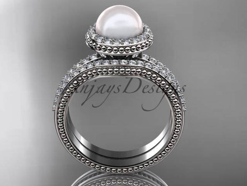 Pearl Bridal Set Pearl Engagement Ring Ladies Wedding Ring Sets Pearl