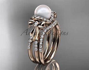 Pearl Engagement Ring Simple elegant Wedding Rings for women Pearl Bridal Set Diamond bow Wedding Ring AP155S